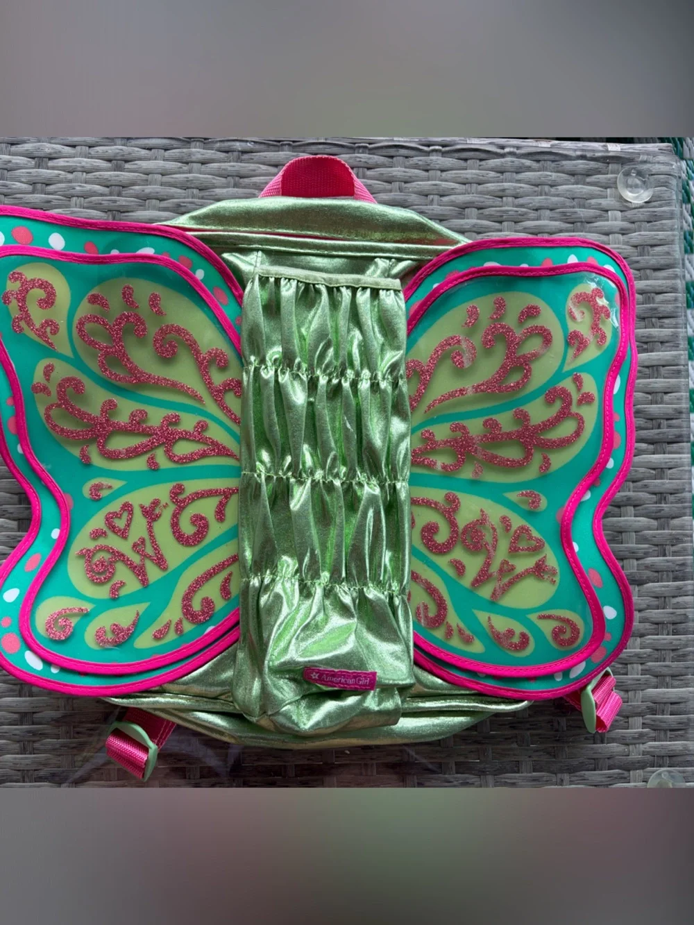 American Girl Doll Metallic Teal and Pink Glitter Butterfly Wing Backpack